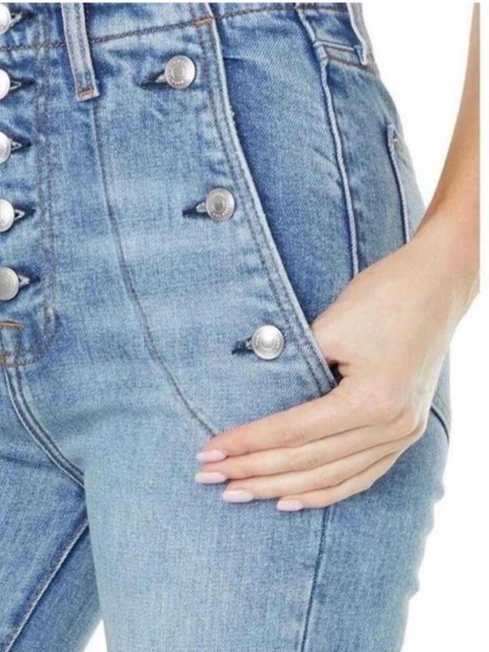 7 For All Mankind Light Blue High-Rise Button Flare Jeans Portia Mega-flare - Picture 2 of 5